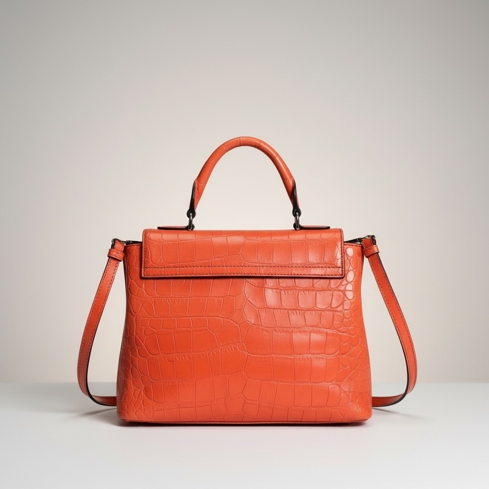 MCM Mode Travia Croc Embossed Leather Satchel Coral Orange Crossbody - Picture 5 of 17